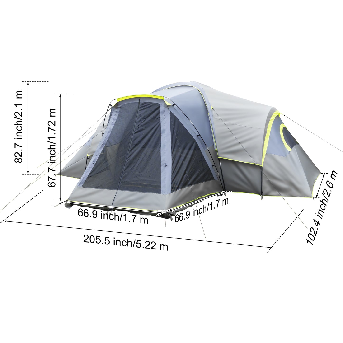 522*260*210cm Can Accommodate 10 People Three Rooms Polyester Cloth Fiberglass Poles Camping Tents Family Tents Dark Gray