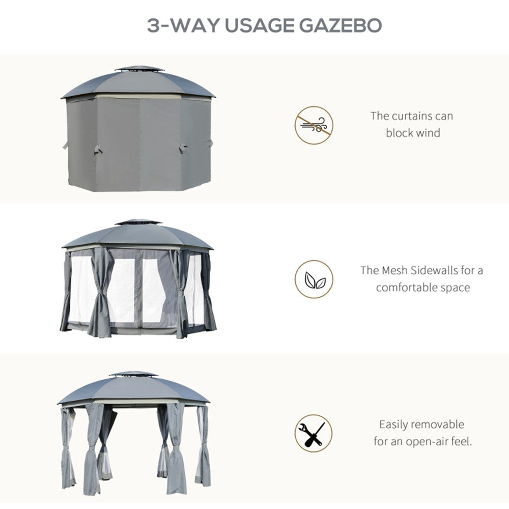 144x144 Inch Round Outdoor Gazebo, Patio Dome Gazebo Canopy Shelter with Double Roof, Netting Sidewalls and Curtains, Zippered Doors Grey AS ( Amazon Shipping)(Prohibited by WalMart)
