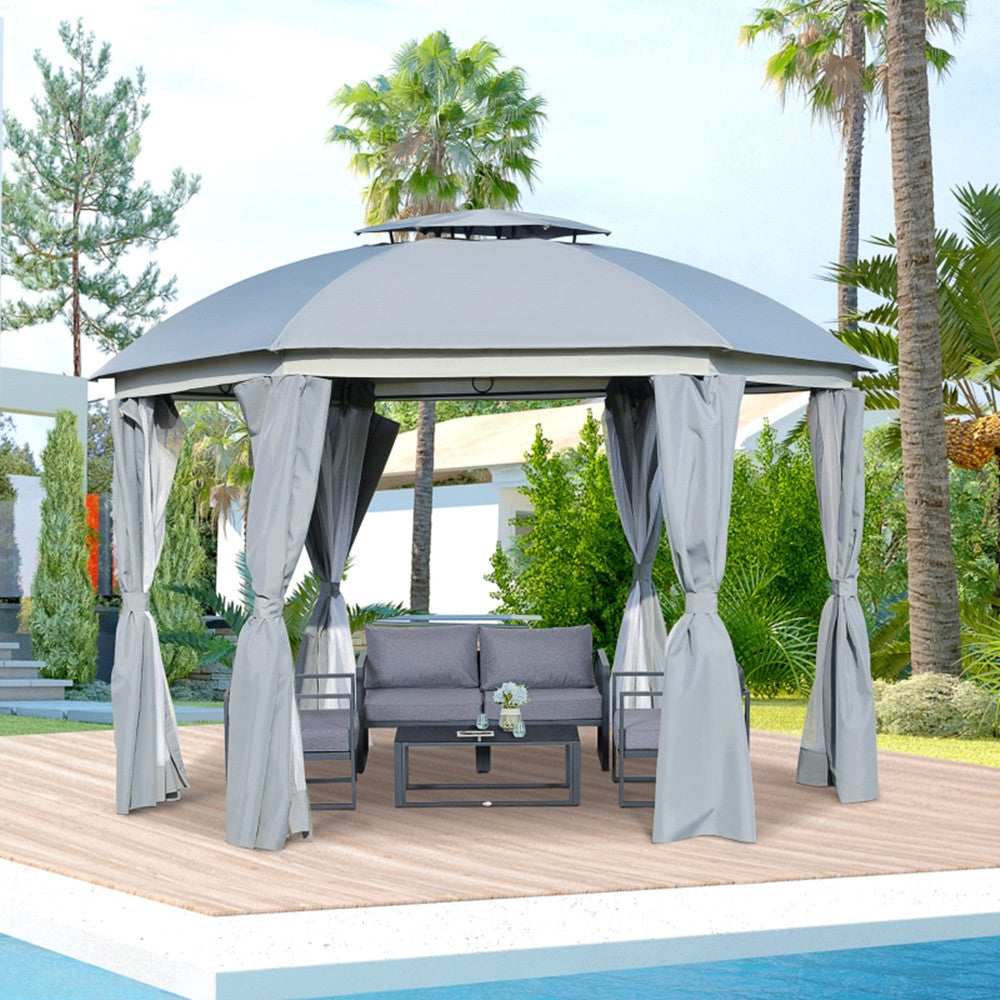 144x144 Inch Round Outdoor Gazebo, Patio Dome Gazebo Canopy Shelter with Double Roof, Netting Sidewalls and Curtains, Zippered Doors Grey AS ( Amazon Shipping)（Prohibited by WalMart）