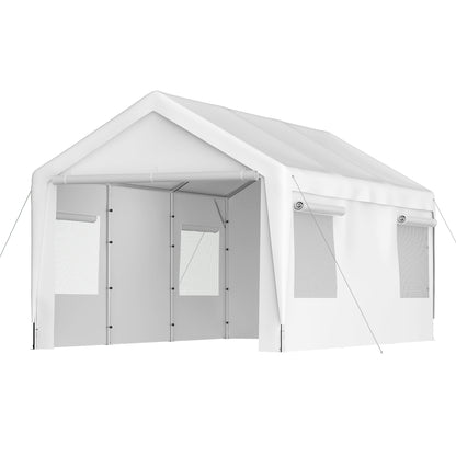 10x20 Heavy Duty Steel Canopy Tent with Roll-up Ventilated Windows, Garage Carport with Removable Sidewall & Doors, White