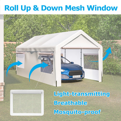 10x20 Heavy Duty Steel Canopy Tent with Roll-up Ventilated Windows, Garage Carport with Removable Sidewall & Doors, White