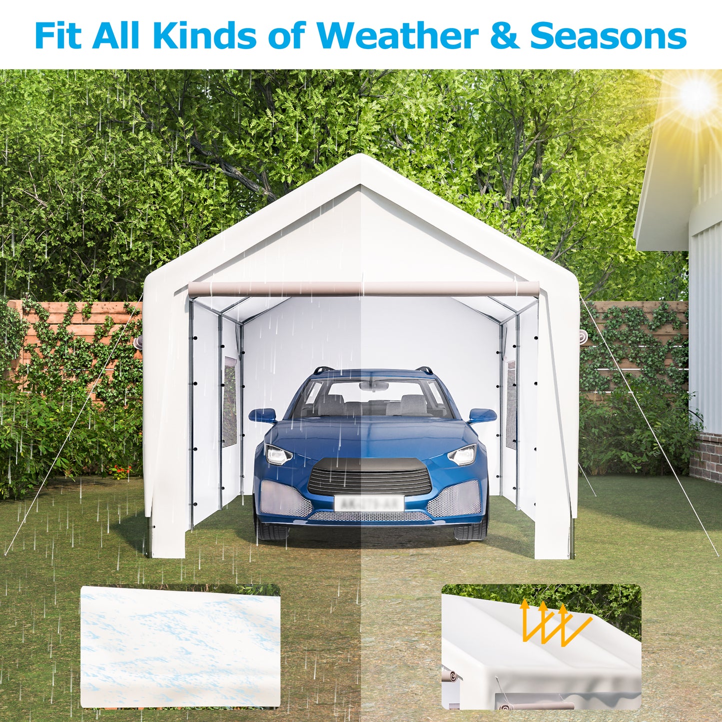 10x20 Heavy Duty Steel Canopy Tent with Roll-up Ventilated Windows, Garage Carport with Removable Sidewall & Doors, White