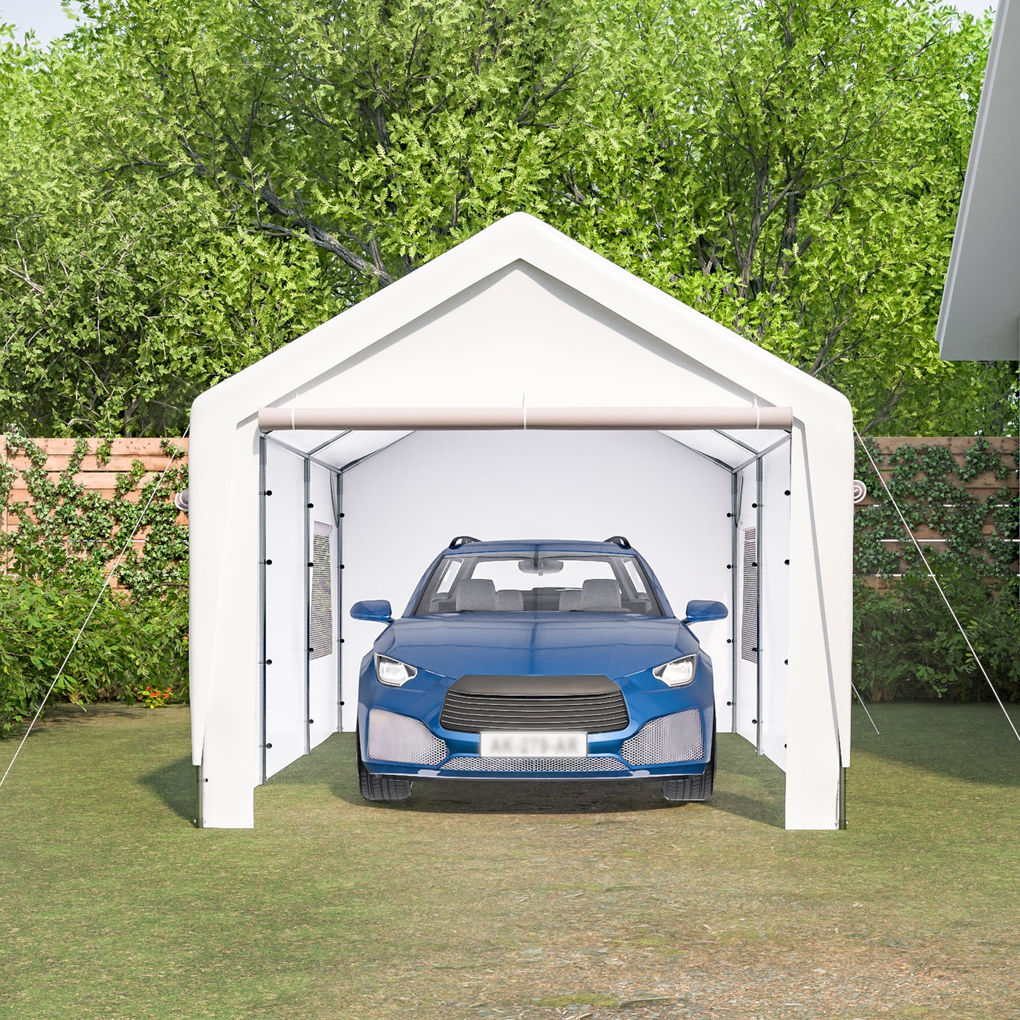 10x20 Heavy Duty Steel Canopy Tent with Roll-up Ventilated Windows, Garage Carport with Removable Sidewall & Doors, White