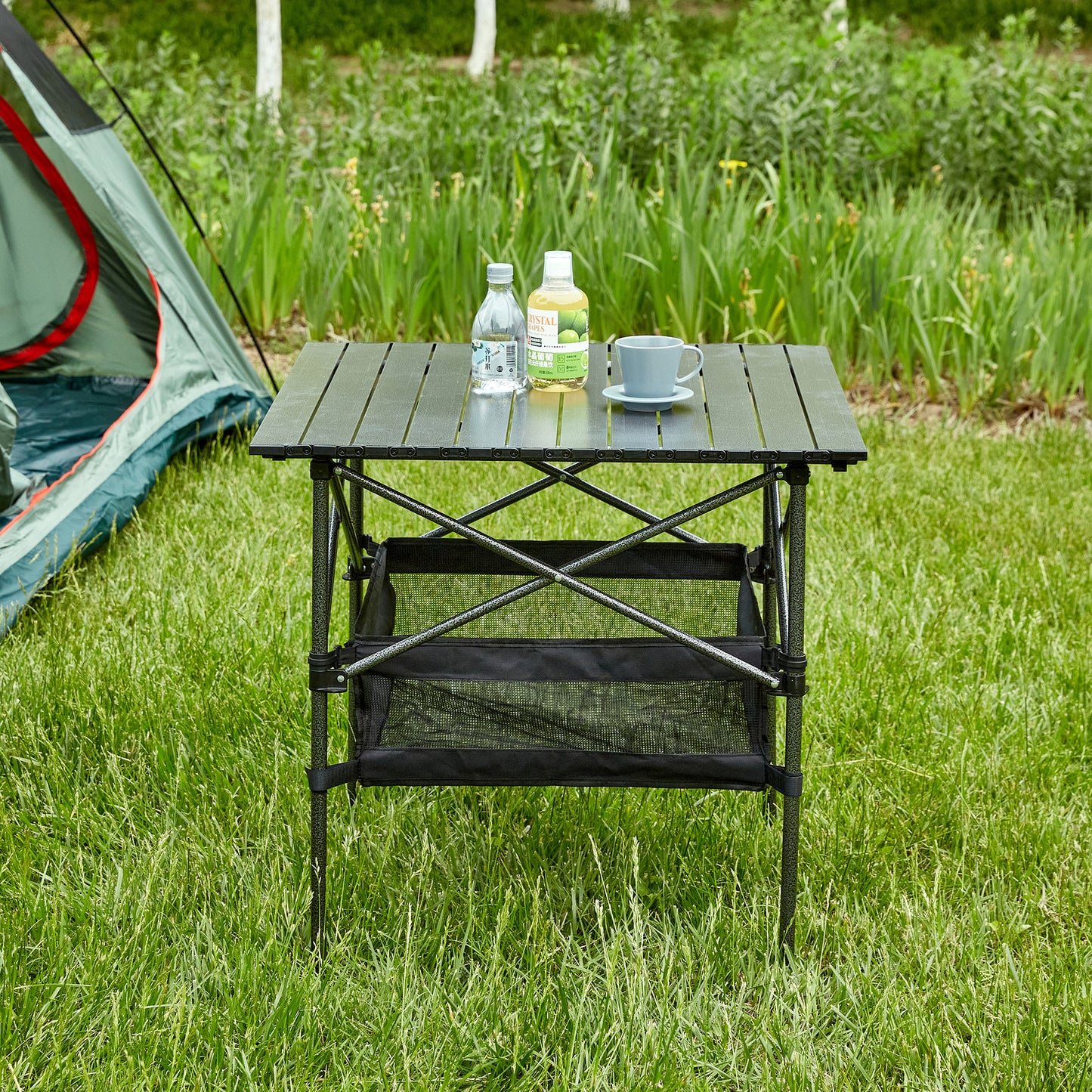 1-piece Folding Outdoor Table with Carrying Bag,Lightweight Aluminum Roll-up Square Table for indoor, Outdoor Camping, Picnics, Beach,Backyard, BBQ, Party, Patio, 27.56X27.56X27.56in, Black