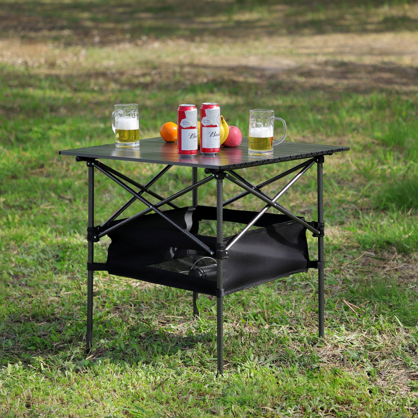 1-piece Folding Outdoor Table with Carrying Bag,Lightweight Aluminum Roll-up Square Table for indoor, Outdoor Camping, Picnics, Beach,Backyard, BBQ, Party, Patio, 27.56X27.56X27.56in, Black