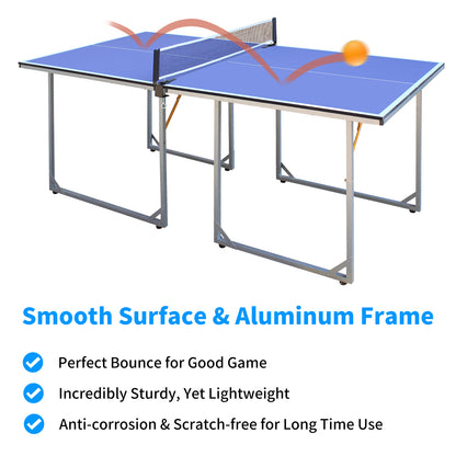 6ft Mid-Size Table Tennis Table Foldable & Portable Ping Pong Table Set for Indoor & Outdoor Games with Net, 2 Table Tennis Paddles and 3 Balls