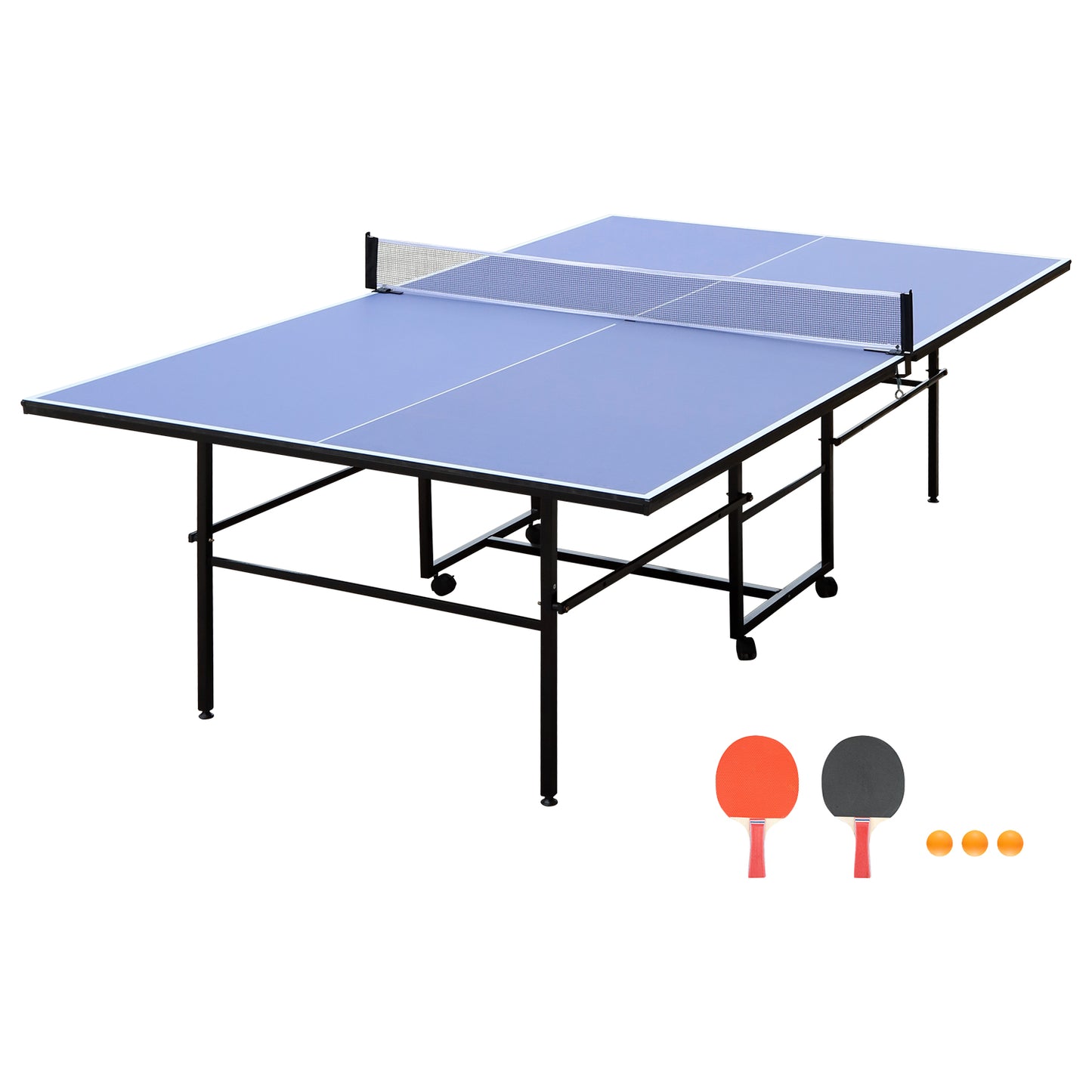 9ft Mid-Size Table Tennis Table Foldable & Portable Ping Pong Table Set for Indoor & Outdoor Games with Net, 2 Table Tennis Paddles and 3 Balls