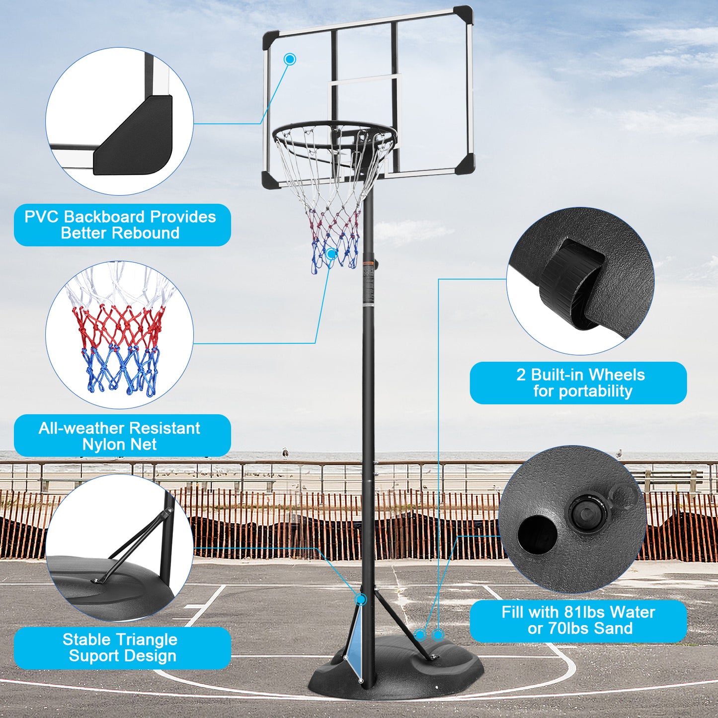 Portable Basketball Hoop Adjustable 7.5ft - 9.2ft with 32 Inch Backboard for Youth Adults Indoor Outdoor Basketball Goal White