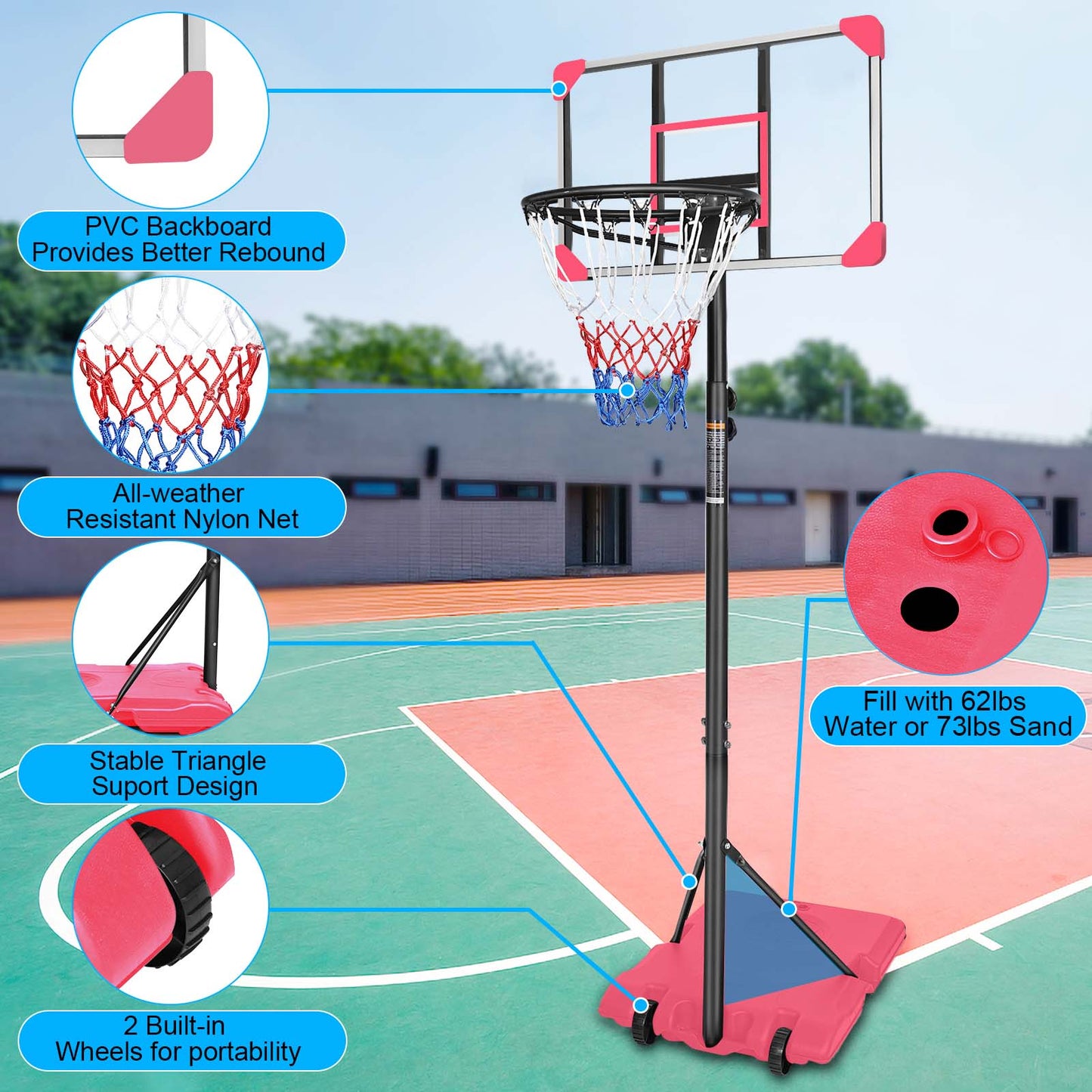 Portable Basketball Goal System with Stable Base and Wheels, use for Indoor Outdoor teenagers youth height adjustable 5.6 to 7ft Basketball Hoop 28 Inch Backboard