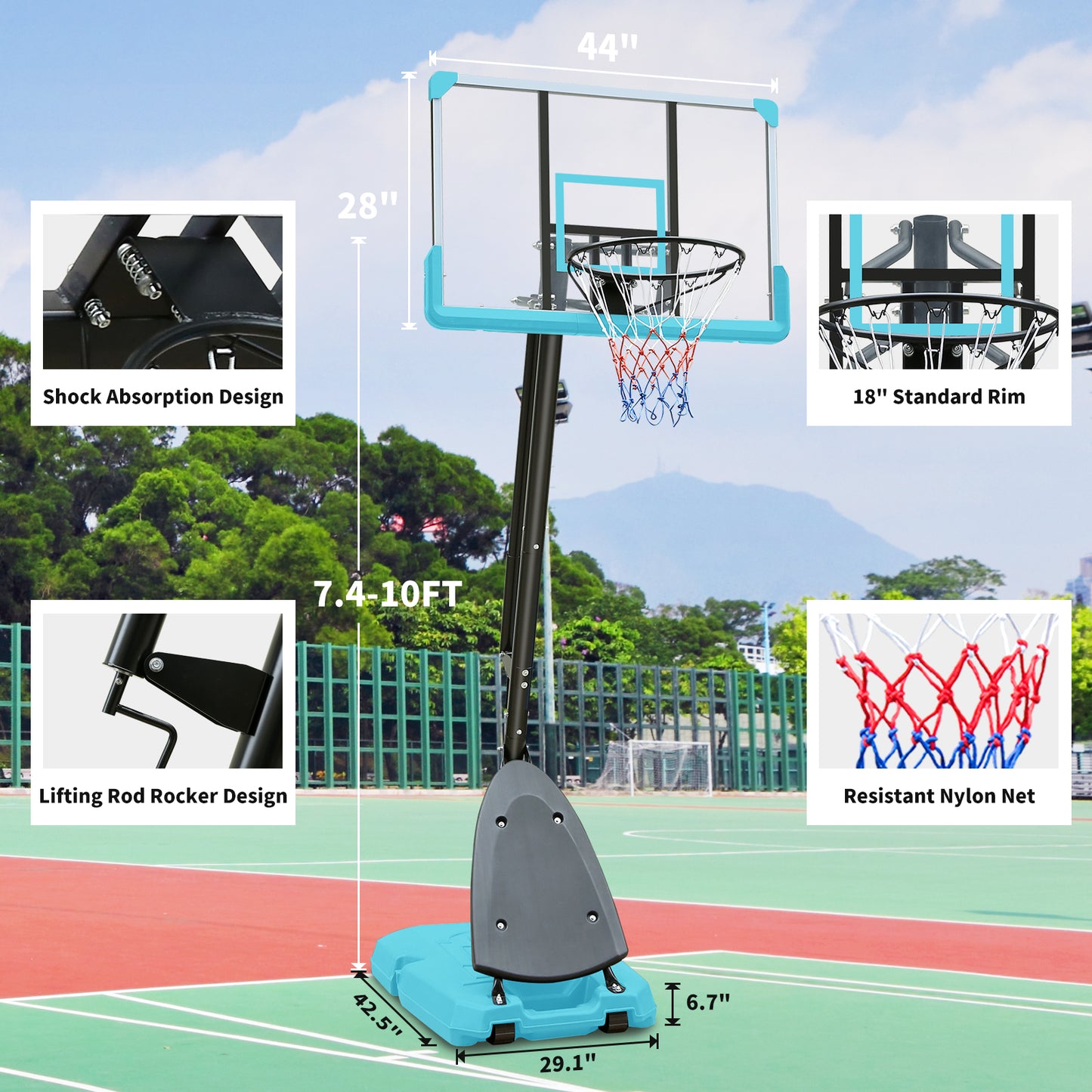 Use for Outdoor Height Adjustable 7.5 to 10ft Basketball Hoop 44 Inch Backboard Portable Basketball Goal System with Stable Base and Wheels