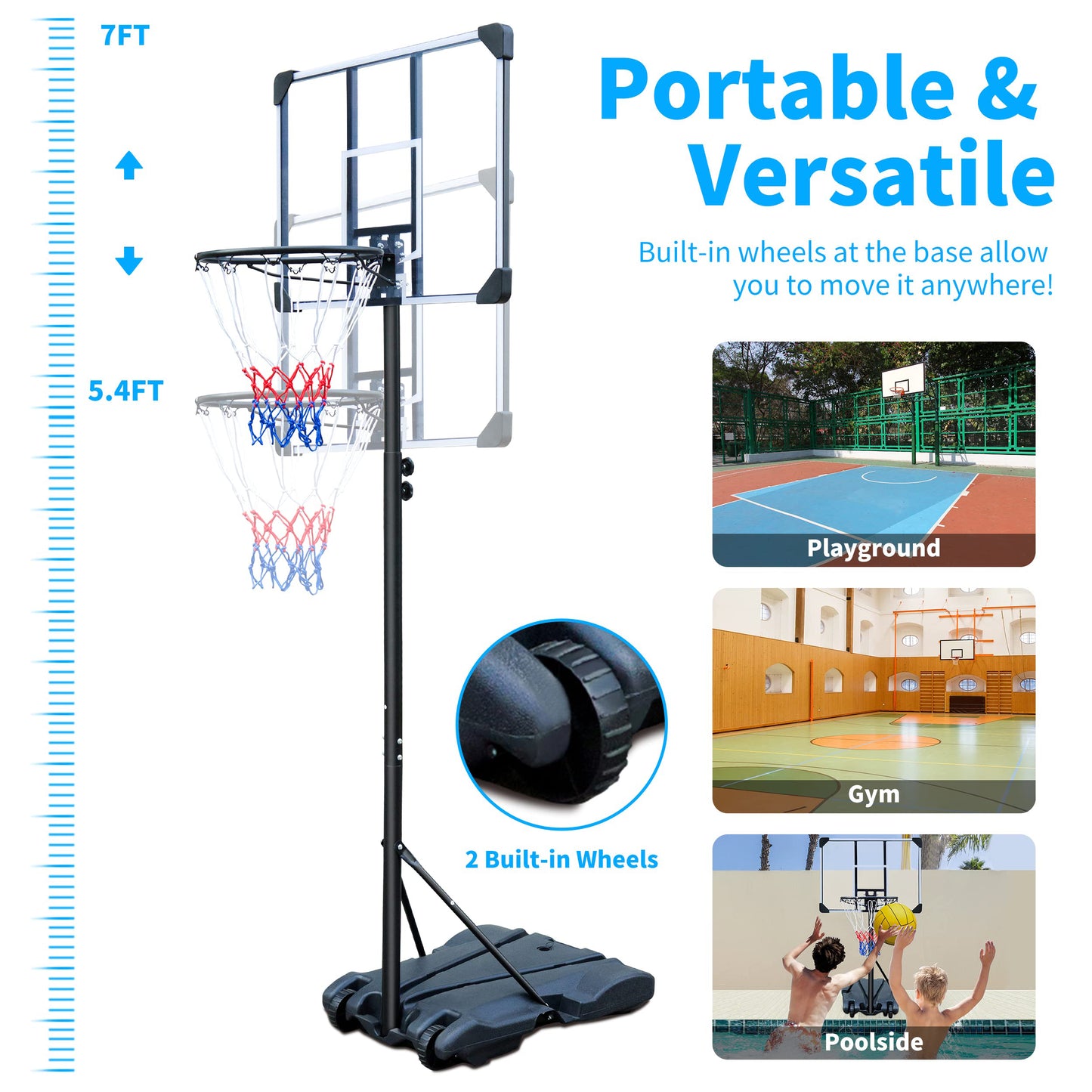 Basketball Hoop Portable Basketball Goal for Indoor Outdoor Basketball Stand 5.6-7 ft Adjustable 32 in Backboard with Wheels