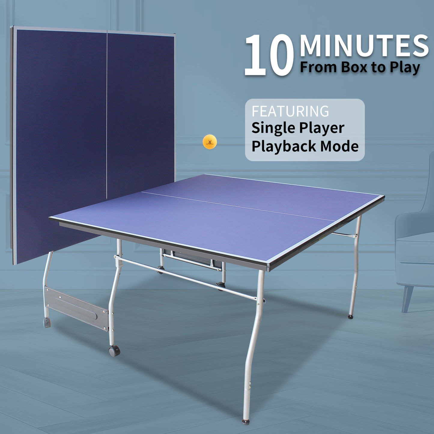 8ft Mid-Size Table Tennis Table Foldable & Portable Ping Pong Table Set for Indoor & Outdoor Games with Net, 2 Table Tennis Paddles and 3 Balls