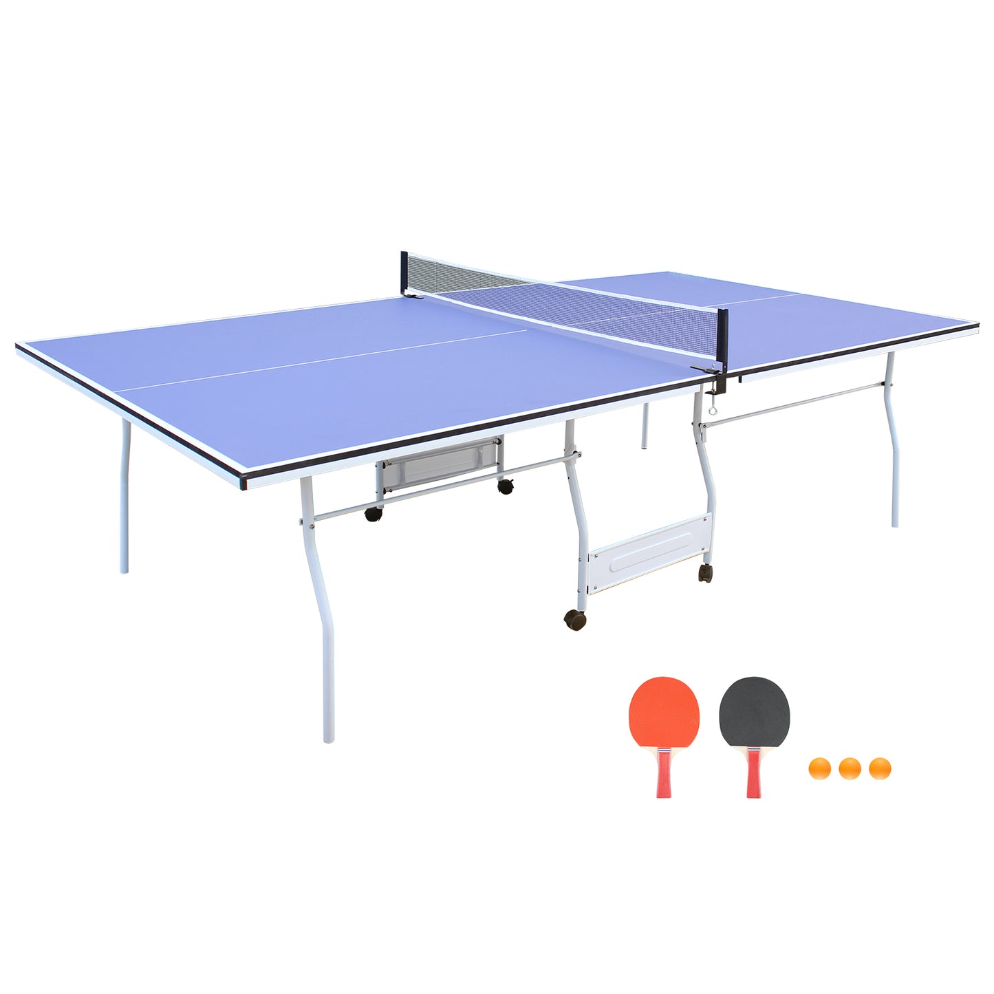 9ft Mid-Size Table Tennis Table Foldable & Portable Ping Pong Table Set for Indoor & Outdoor Games with Net, 2 Table Tennis Paddles and 3 Balls