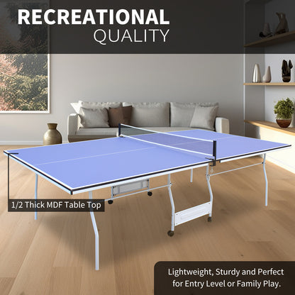 9ft Mid-Size Table Tennis Table Foldable & Portable Ping Pong Table Set for Indoor & Outdoor Games with Net, 2 Table Tennis Paddles and 3 Balls