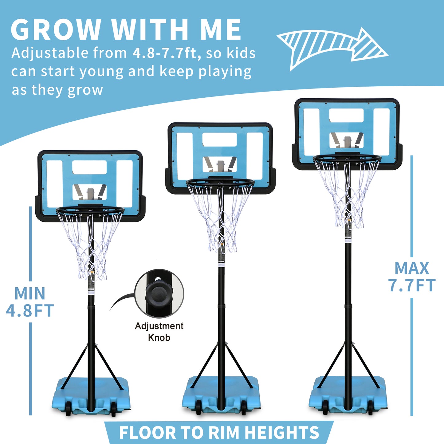 Use for Outdoor Height Adjustable 4.8 to 7.7ft Basketball Hoop 44 Inch Backboard Portable Basketball Goal System with Stable Base and Wheels