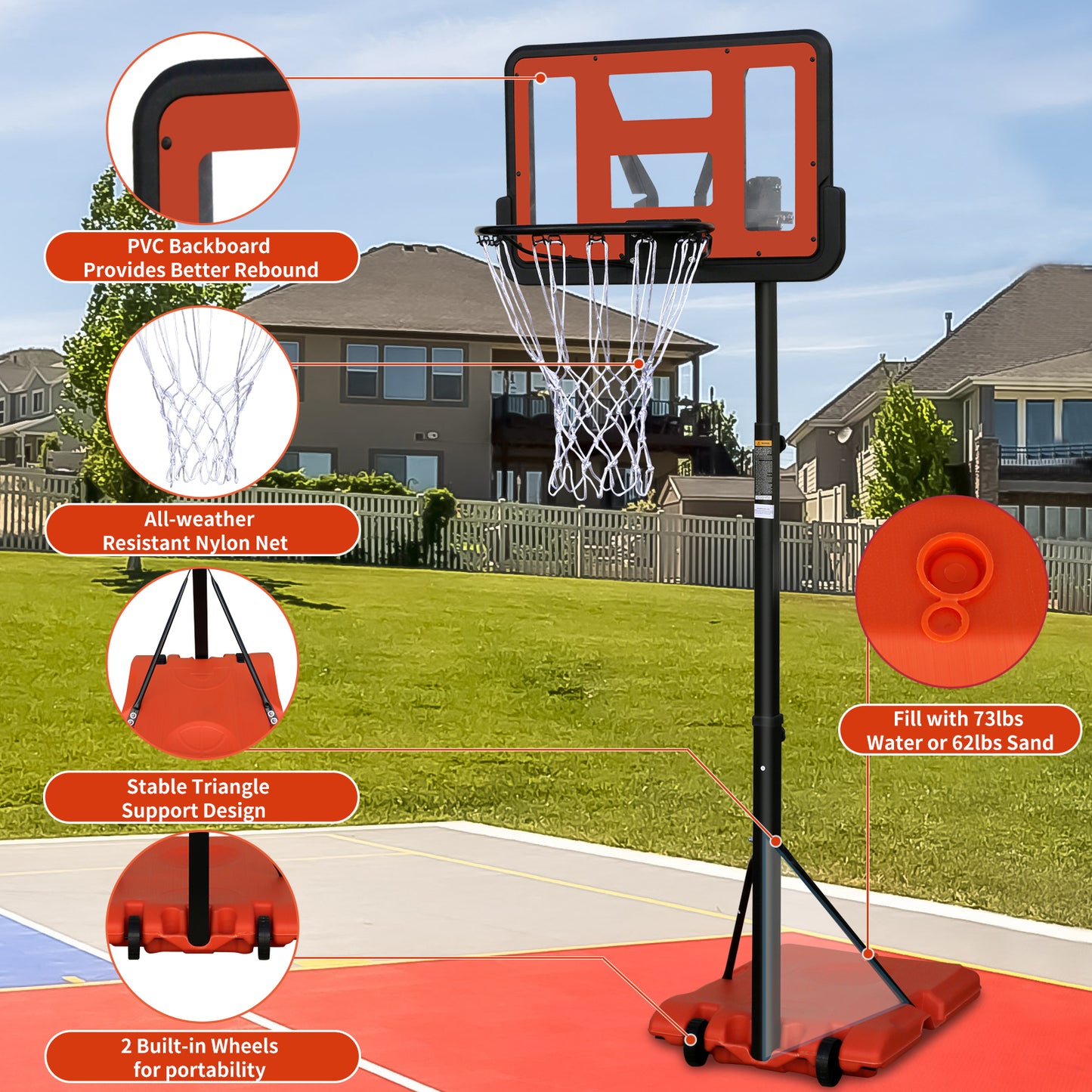 Use for Outdoor Height Adjustable 4.8 to 7.7ft Basketball Hoop 44 Inch Backboard Portable Basketball Goal System with Stable Base and Wheels