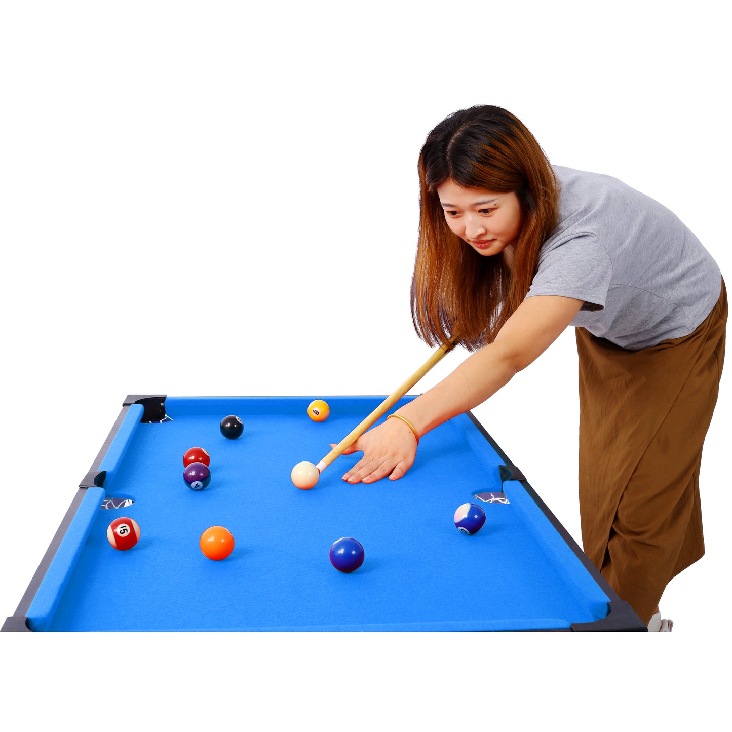 5-in-1 Multi-Game Table - Billiards, Push Hockey, Foosball, Ping Pong, and Basketball  brown /blue