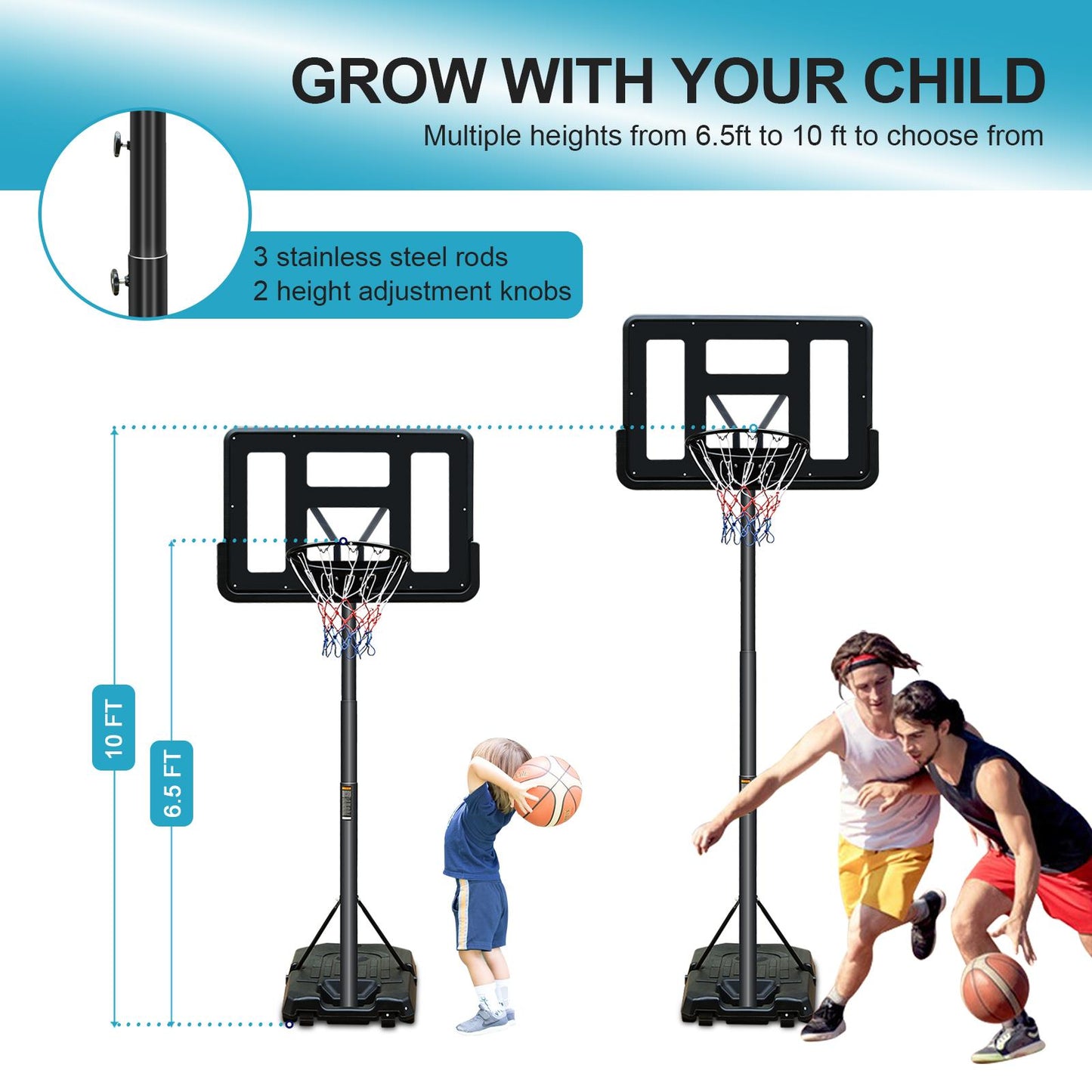 Basketball Hoop Portable Basketball Goal System 6.5-10ft Adjustable 44in Backboard for Indoor Outdoor Black