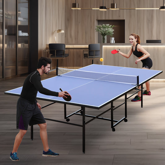 9ft Mid-Size Table Tennis Table Foldable & Portable Ping Pong Table Set for Indoor & Outdoor Games with Net, 2 Table Tennis Paddles and 3 Balls