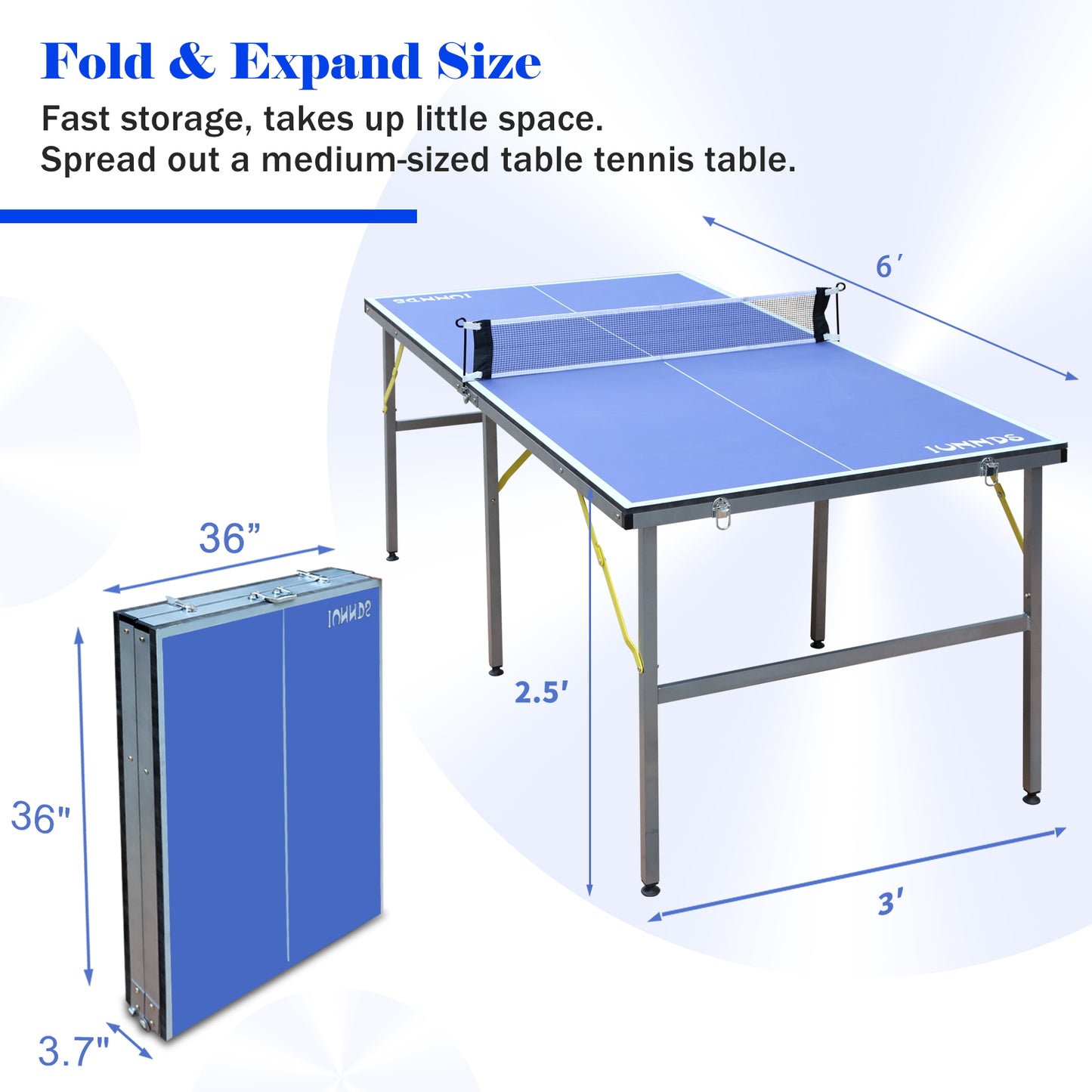 6ft Mid-Size Table Tennis Table Foldable & Portable Ping Pong Table Set for Indoor & Outdoor Games with Net, 2 Table Tennis Paddles and 3 Balls