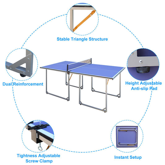 6ft Mid-Size Table Tennis Table Foldable & Portable Ping Pong Table Set for Indoor & Outdoor Games with Net, 2 Table Tennis Paddles and 3 Balls