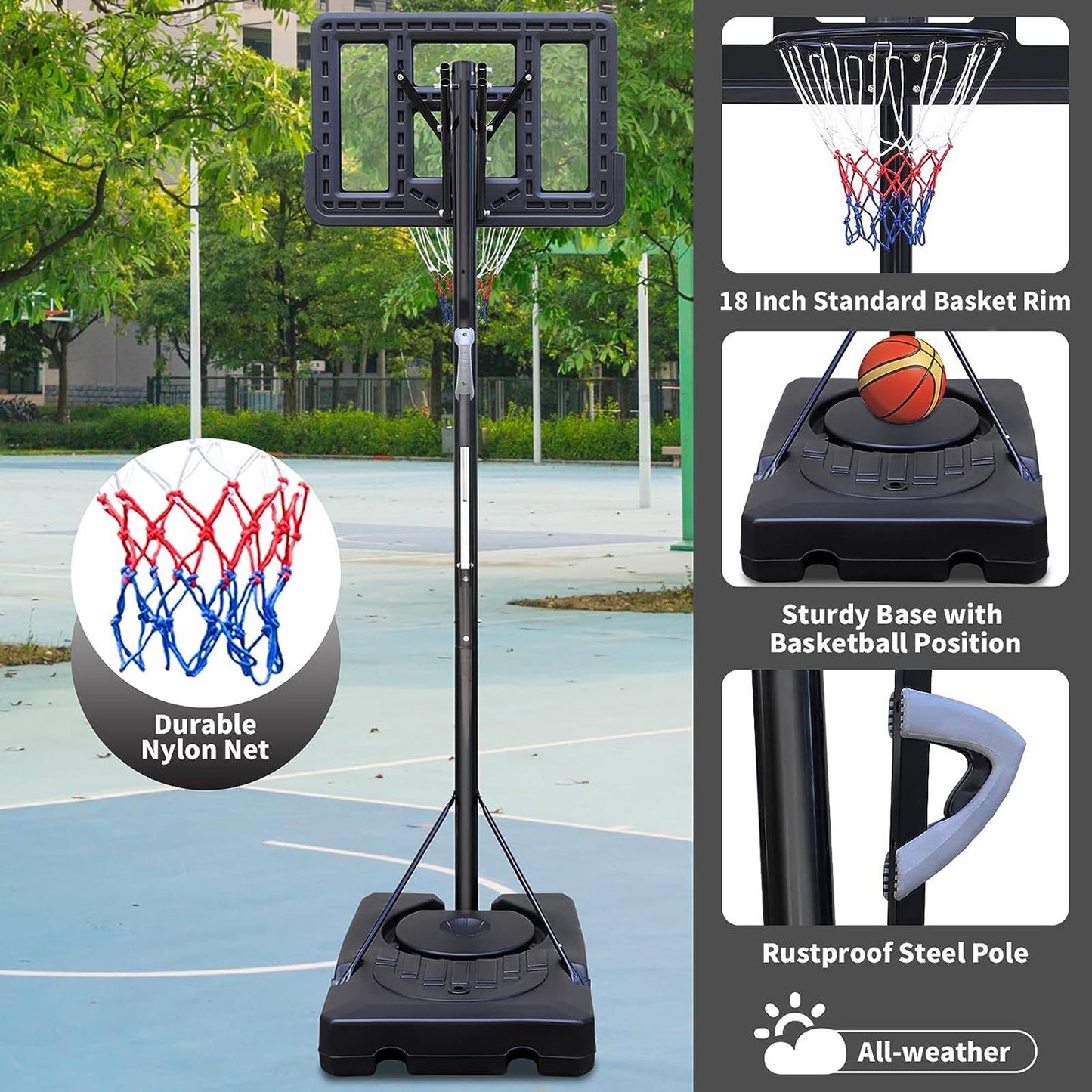 Teenagers Portable Basketball Hoop Height Adjustable basketball hoop stand 7.5ft - 10ft with 44 Inch Backboard and Wheels for Adults Teens