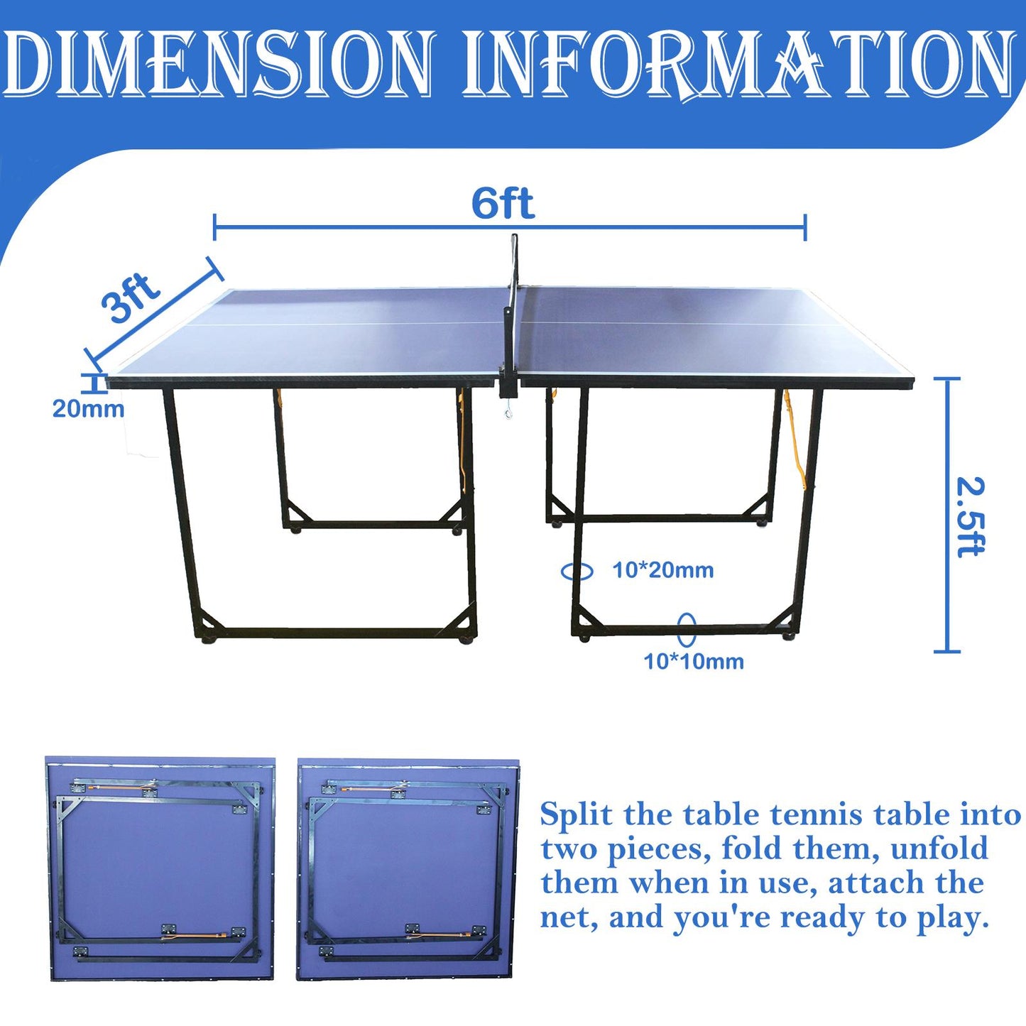 6ft Mid-Size Table Tennis Table Foldable & Portable Ping Pong Table Set for Indoor & Outdoor Games with Net, 2 Table Tennis Paddles and 3 Balls Blue