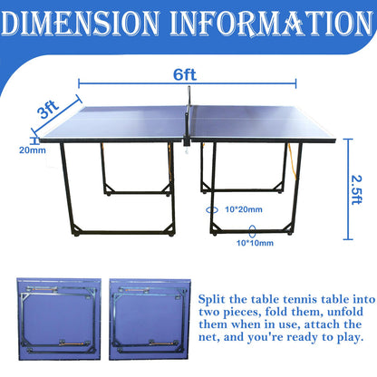 6ft Mid-Size Table Tennis Table Foldable & Portable Ping Pong Table Set for Indoor & Outdoor Games with Net, 2 Table Tennis Paddles and 3 Balls Blue