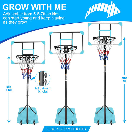 Portable Basketball Goal System with Stable Base and Wheels, use for Indoor Outdoor teenagers youth height adjustable 5.6 to 7ft Basketball Hoop 28 Inch Backboard