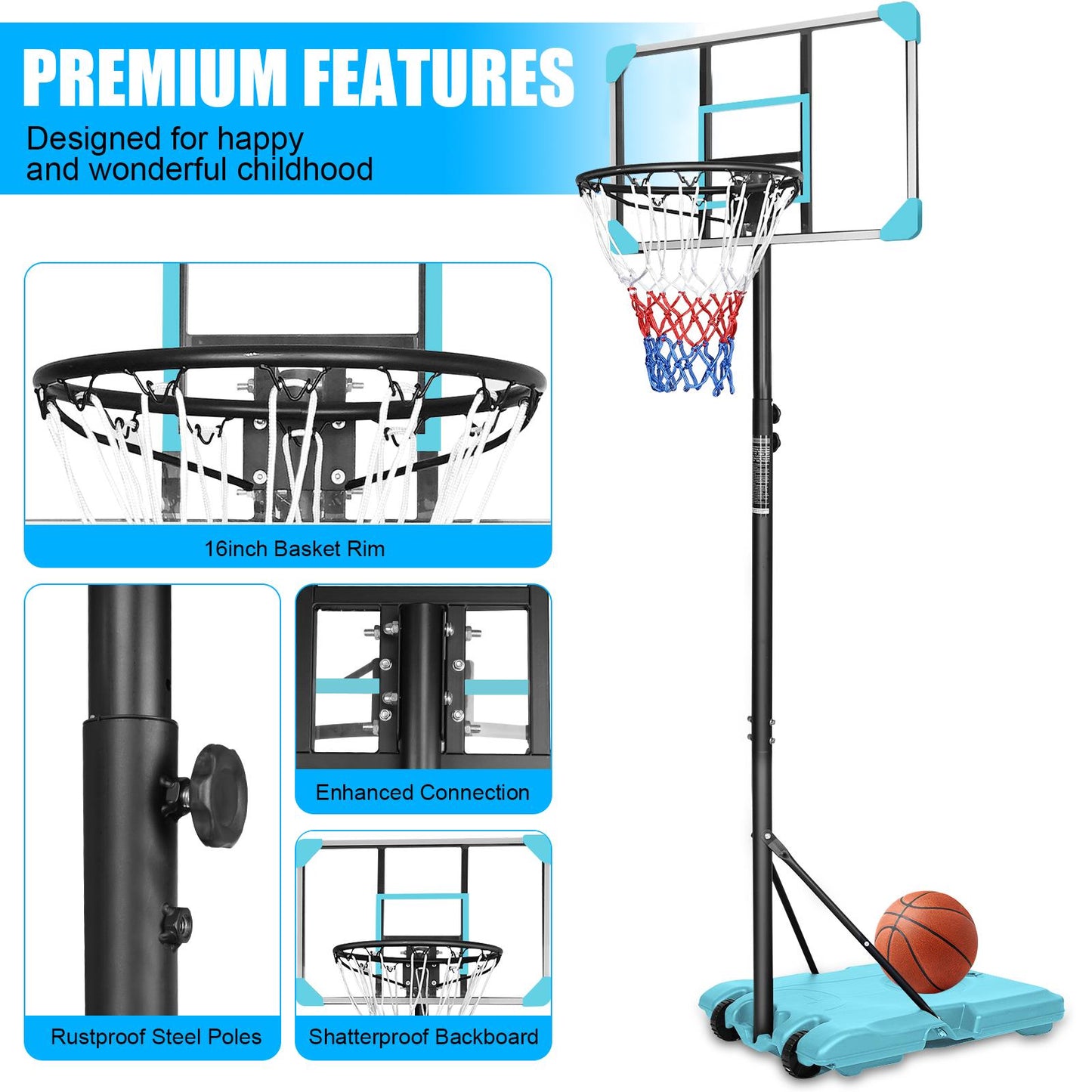 Portable Basketball Goal System with Stable Base and Wheels, use for Indoor Outdoor teenagers youth height adjustable 5.6 to 7ft Basketball Hoop 28 Inch Backboard