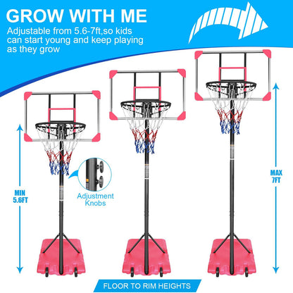 Portable Basketball Goal System with Stable Base and Wheels, use for Indoor Outdoor teenagers youth height adjustable 5.6 to 7ft Basketball Hoop 28 Inch Backboard