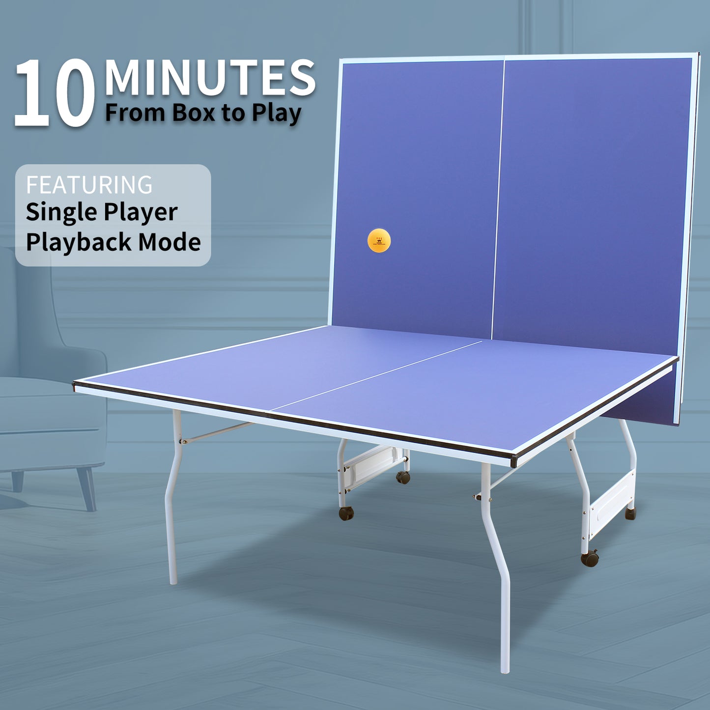 9ft Mid-Size Table Tennis Table Foldable & Portable Ping Pong Table Set for Indoor & Outdoor Games with Net, 2 Table Tennis Paddles and 3 Balls