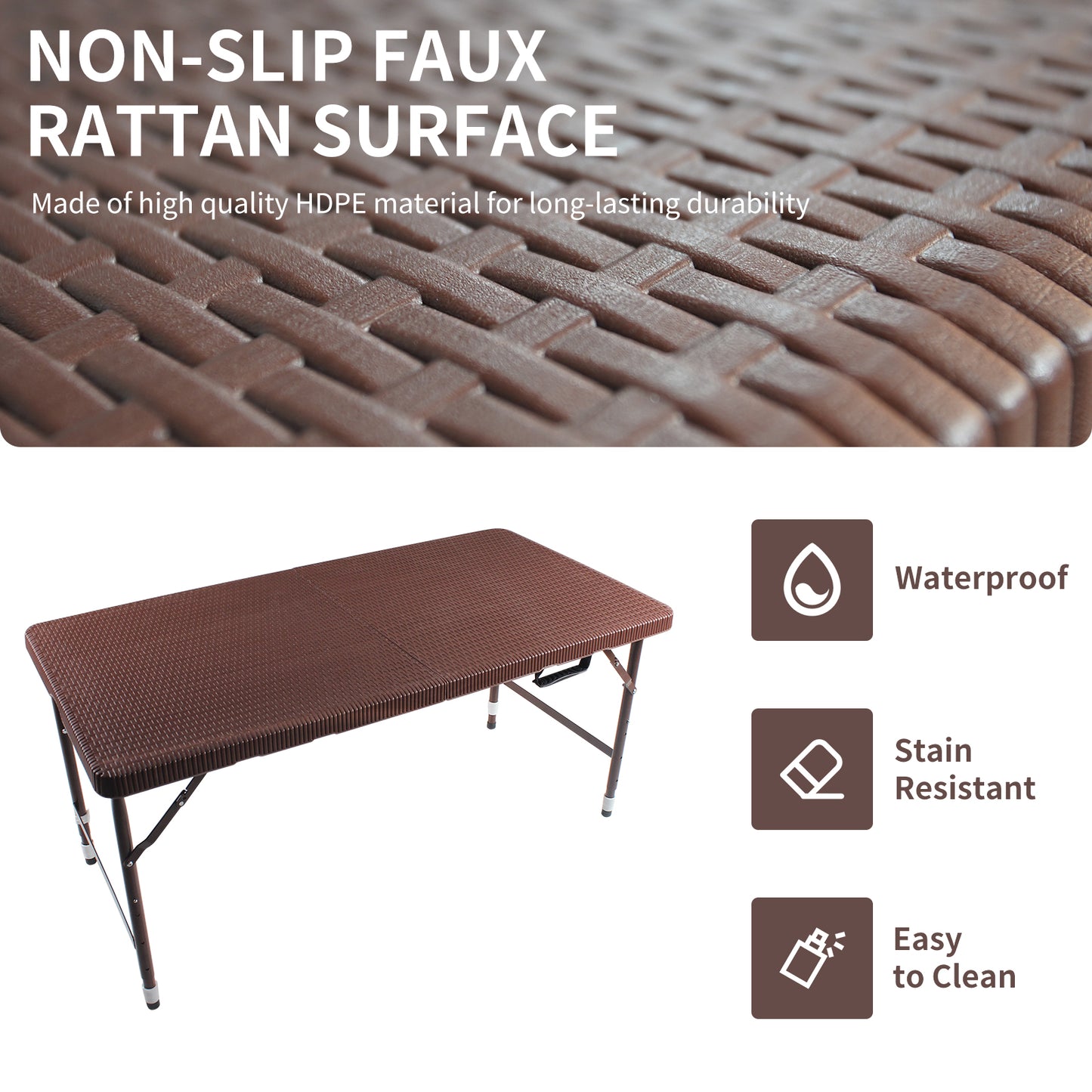 4ft Rattan Folding Table for Indoor&Outdoor, Portable Foldable Table Rattan Plaited Brown