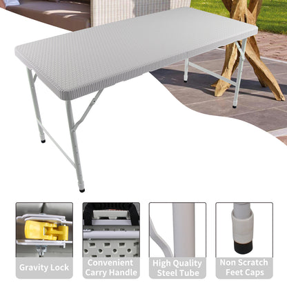 4ft Rattan Folding Table for Indoor&Outdoor, Portable Foldable Table Rattan Plaited White