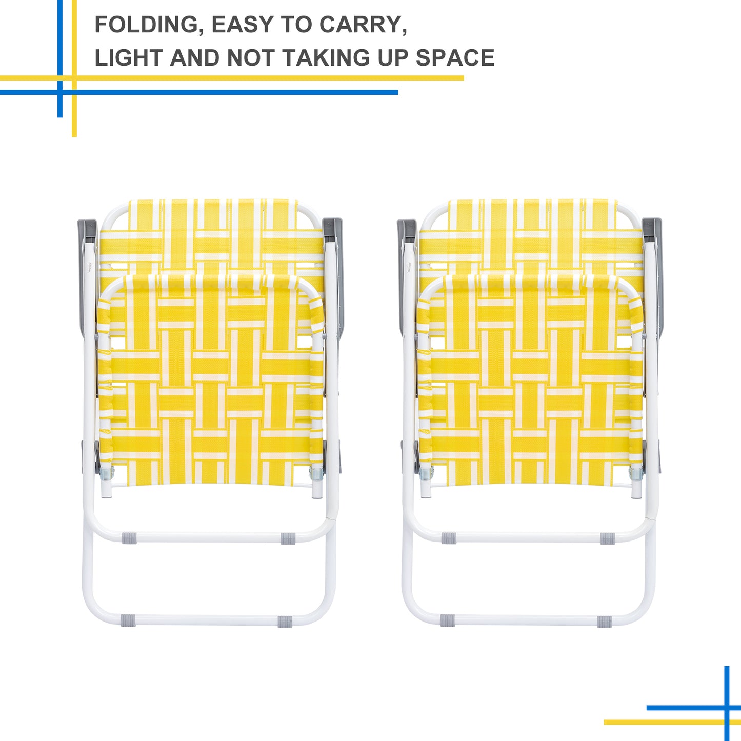 2pcs Steel Tube PP Webbing Bearing 120kg Folding Beach Chair Yellow & White Strip